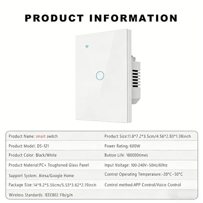 White Glass WiFi Bluetooth Touch Screen Smart Switch 1/2/3/4 Gang – Scratch-Resistant, Works with Alexa & Google Home, Tuya App, Smart Scenes, Timer, Share Function, 600W/Gang, Neutral Required