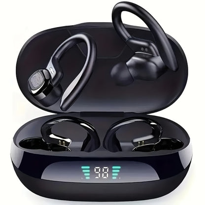 Earhook Open-Ear Sports Earbuds Bluetooth 5.4 LED Digital Display Charging Case 8H Playback Built-In Mic Wireless Headphones for Running Workout Gym Cycling Black Red