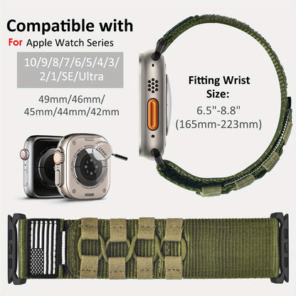 Rugged Nylon Apple Watch Band Men Sport Loop Soft Woven Adjustable Hook Loop Strap Compatible with Apple Watch Ultra 3 2 1 Series 1-11 SE 42mm 44mm 45mm 46mm 49mm Army Green Black Blue Orange Outdoor Hiking Gym
