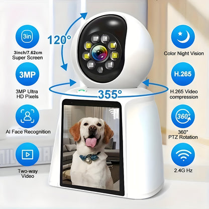 Pet Camera with 3-Inch Screen 1080P WiFi Indoor Home Security Camera for Baby & Kids Monitor, Video Calling, Two-Way Talk, 24/7 Recording & Motion Sensor Detection – Cat Dog Smart Surveillance with Speaker