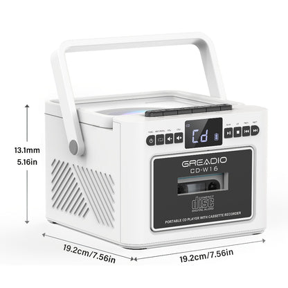 Boombox CD Cassette Player Rechargeable 5000mAh Battery 5W Dual Stereo Speakers FM Radio Tape Recording AUX SD USB 3.5mm Jack Portable Home Audio Player