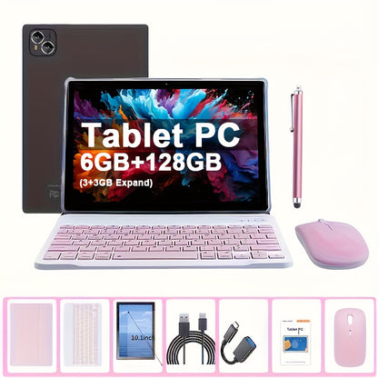 4G LTE Pink Tablet 10.1 Inch 2-in-1 Android 6GB RAM 128GB SSD 1280x800 IPS HD Touchscreen WiFi Dual Camera with Keyboard Mouse Case for Work School Travel Women