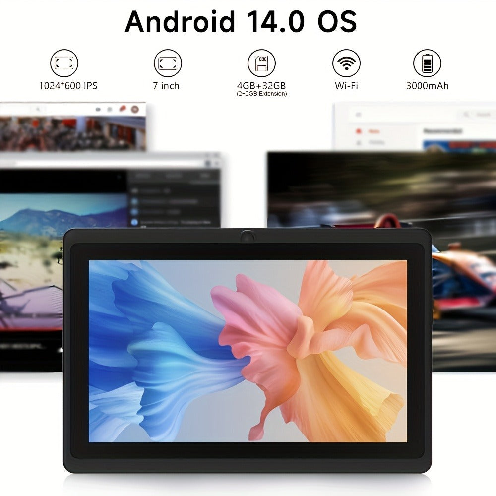 Android 14 Tablet 7 Inch, 32GB Storage 512GB Expandable, Quad-Core Processor IPS HD Touchscreen, Dual Camera 2.4GHz WiFi, Compact Lightweight Portable for Kids Students Seniors Home School Travel – White Pink Black