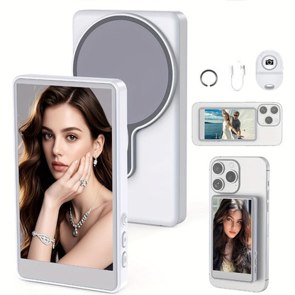 Wireless Selfie Monitor Screen for iPhone Android – 2500mAh Battery, Remote Control, 3-Level Brightness & Wide Screen Mode, Use Phone Rear Camera for Selfie Vlog No-Delay Live Streaming TikTok YouTube
