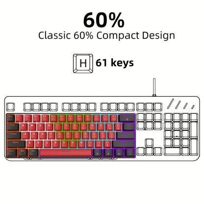 60% Mechanical Gaming Keyboard Wired 61 Keys Green Switch – Compact Tenkeyless Clicky Keyboard for PC Laptop Windows Gaming Typing | Black Red | Portable Desk Setup Keyboard