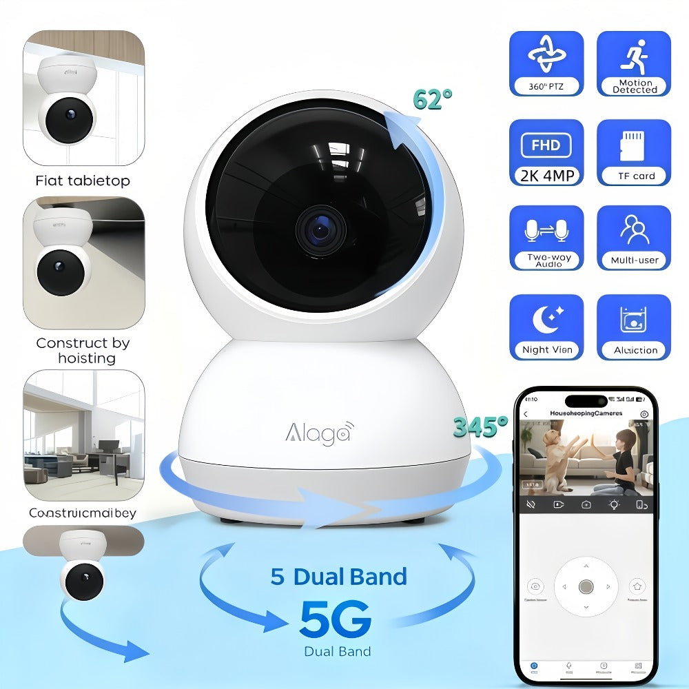 2K 4MP Indoor Security Camera 360° Full View, Dual Band 5G/2.4G WiFi, AI Motion Detection, Night Vision, Two-Way Audio, App Monitoring – Home & Office Surveillance