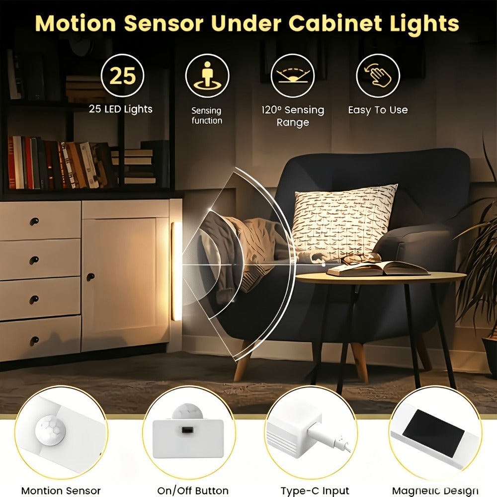 Motion Sensor Cabinet Light 6 Pack - USB-C Rechargeable LED Under Cabinet Lighting, 3 Modes Wireless Night Light with Magnetic Mount for Kitchen Closet Hallway Stairs Bedroom