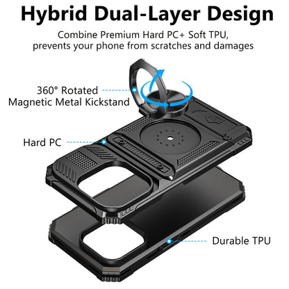 360° Metal Stand iPhone Case with Dual Card Slot Heavy Duty Shockproof Hard Shell Cover for iPhone 16 15 14 13 11 Pro Max Plus 8 7 Series – Rotating Kickstand Wallet Phone Case