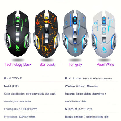 Bluetooth 5.0 2.4G Dual Mode Wireless RGB Gaming Mouse Silent 6 Button Ergonomic USB-C Rechargeable Breathing Light for PC Laptop Mac Tablet Office Gaming Tech Black Star Black White Gray