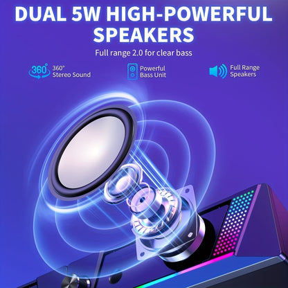 2-in-1 RGB Gaming Computer Speakers Wired, PC Desktop Laptop Soundbar with Subwoofer, Volume Control, RGB Ambient Light, USB Powered, 3.5mm Aux Input for Home Office Gaming
