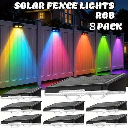 Solar Fence Wall Lights Multicolor LED 9 Modes - Smart Dusk to Dawn Sensor Auto On Off Convex Lens Waterproof for Garden Yard Patio Deck Porch Holiday Christmas Halloween Decoration 4 or 8 Pack