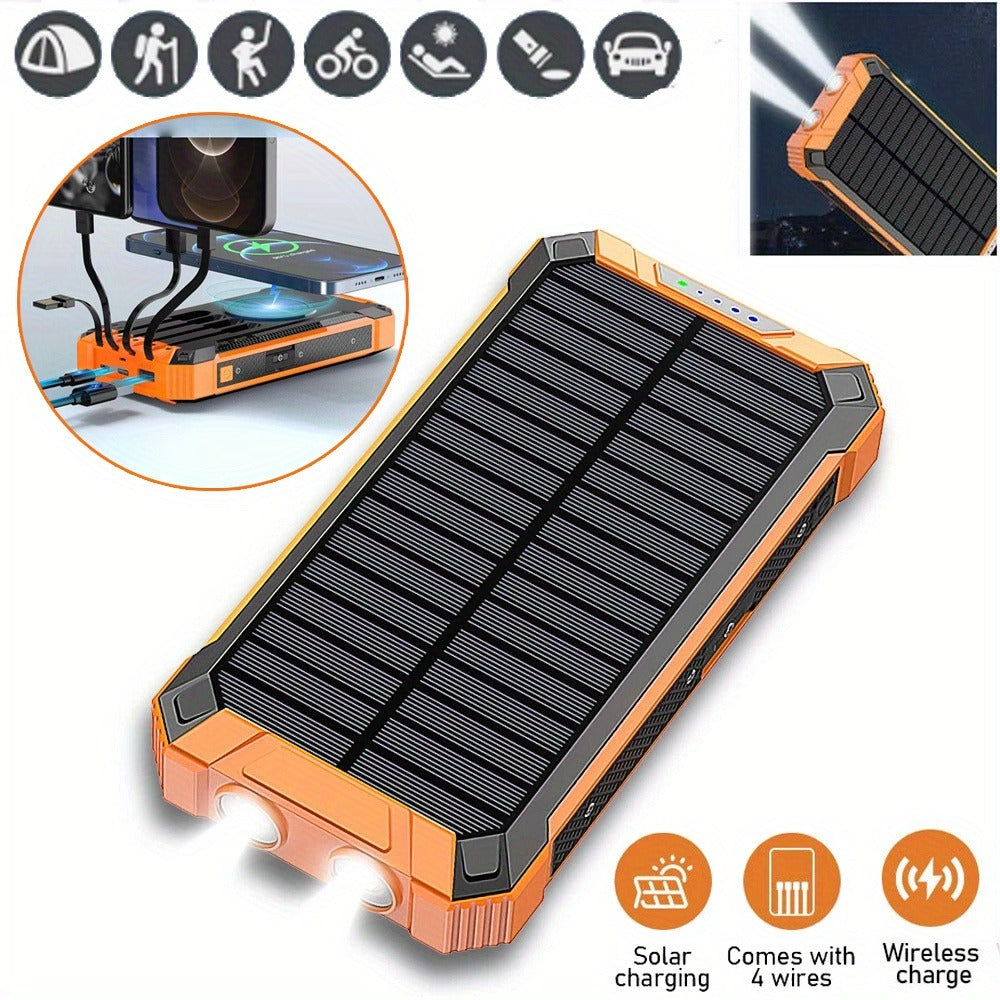 Solar Power Bank 40000mAh with Built-in 4 Cables & 15W Wireless Charging – 6 Outputs 3 Inputs Dual LED Flashlight Portable Charger for iPhone Android Tablets Camping Travel Emergency
