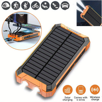Solar Power Bank 40000mAh with Built-in 4 Cables & 15W Wireless Charging – 6 Outputs 3 Inputs Dual LED Flashlight Portable Charger for iPhone Android Tablets Camping Travel Emergency