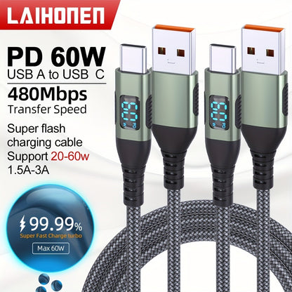 USB-A to USB-C Cable with LED Digital Display, 3A Fast Charging & 480Mbps Data Sync, Nylon Braided Anti-Overheat, for iPhone 15 Samsung Galaxy LG Android – Green (1pc/2pcs)