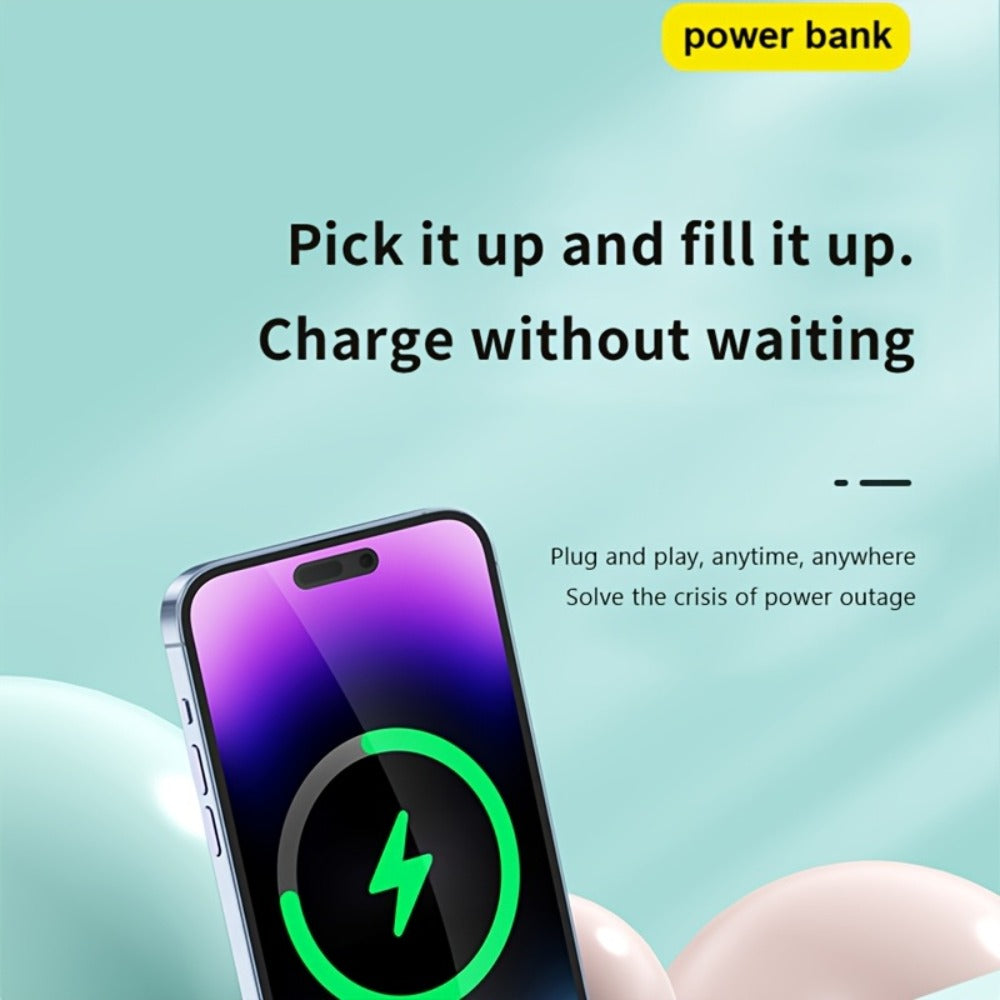 Mini Power Bank 5000mAh with Built-in USB-C Connector Fast Charging – Ultra-Compact Pocket Portable Charger for iPhone Android Samsung | Emergency Travel Charger | Green Pink