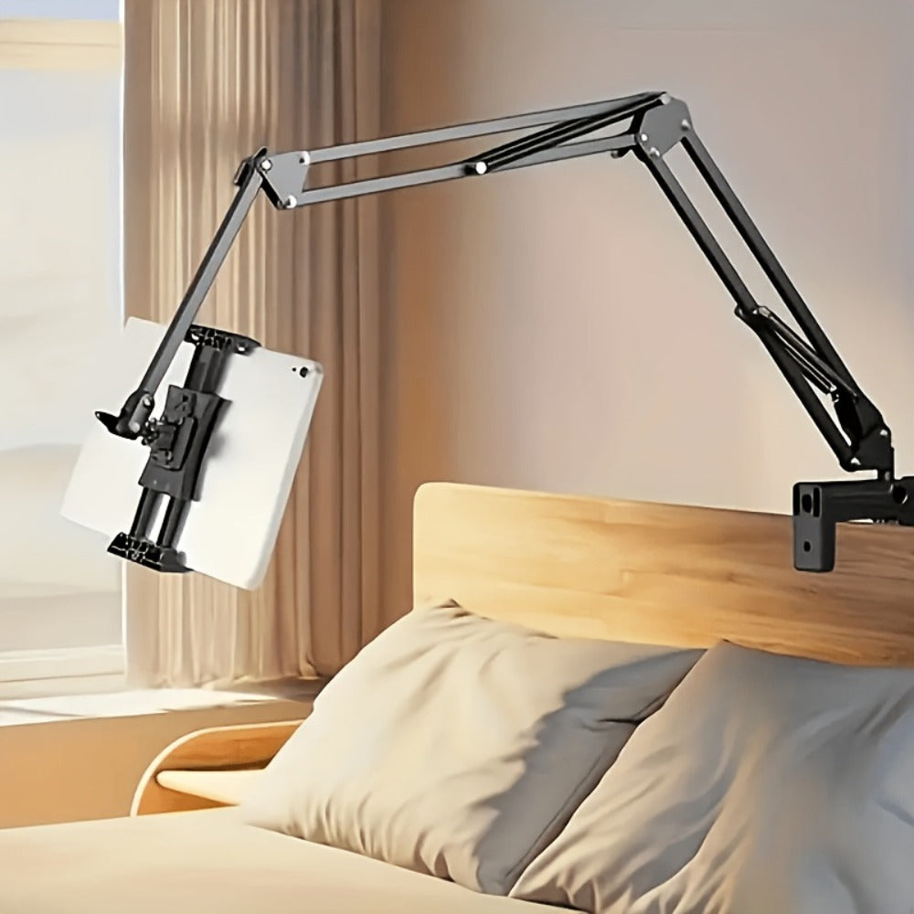 Adjustable Tablet Stand with Long Arm & Rotating Holder – Mechanical Cantilever Clamp Base Desk Mount for iPad, iPhone, Smartphone, Bedside & Office Use, 360° Flexible Phone Cradle