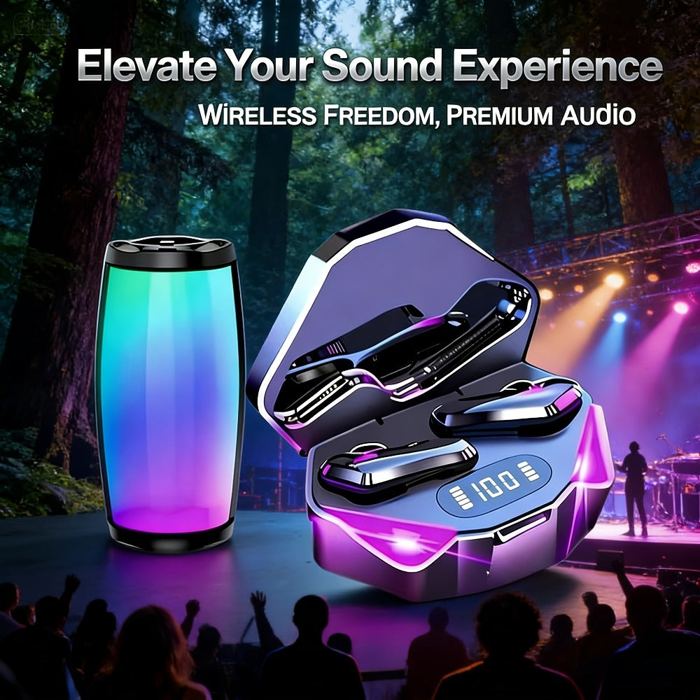 Gaming Headset Bundle Set Glowing LED Headphones Bluetooth Speaker Wireless Earbuds Surround Sound Touch Control 3-4 Piece Combo Gift Set with Free Watch for Teens Gamers