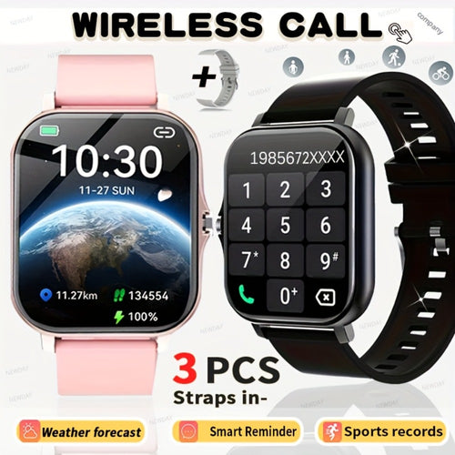 Smartwatch with 3 Straps Set 1.83" Full Touch Screen – Wireless Calling Multi Sport Mode Navigation Remote Camera Music USB Rechargeable for Men Women Black Pink Silver Gold