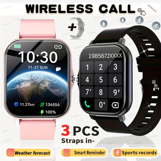 Smartwatch with 3 Straps Set 1.83" Full Touch Screen – Wireless Calling Multi Sport Mode Navigation Remote Camera Music USB Rechargeable for Men Women Black Pink Silver Gold