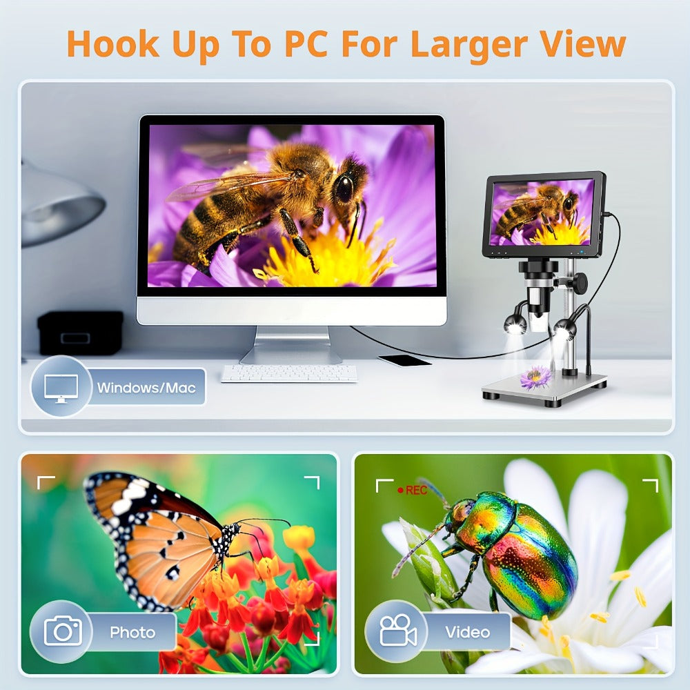 7 Inch LCD Digital Microscope 1200X Magnification, DM9 Coin Microscope 12MP Camera, 8 LED Lights, 32GB Card, Windows Compatible, USB Wired, for Coin Collecting, Jewelry, PCB, Science Education