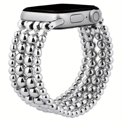 Stainless Steel Beaded Apple Watch Band Handmade Elastic Stretch Bracelet No-Buckle Slip-On Strap for Series 1-11 SE Ultra 38mm 40mm 41mm 42mm 44mm 45mm 46mm Women Girls Silver Rose Gold Silvery Grey
