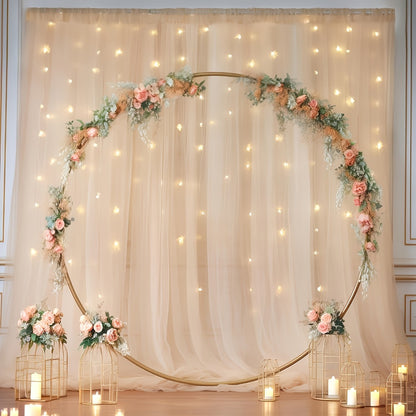 Champagne Tulle Backdrop with String Lights 5.2x10Ft 2pcs Sheer Curtain Photo Booth Props Wedding Party Background Decoration Non-Porous
