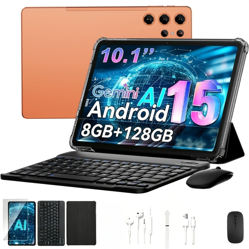 2-in-1 Tablet Android 15, 10.1 Inch Tablet with Keyboard Case Stylus, 8GB RAM 128GB ROM, 8000mAh Battery, 5G WiFi, 5MP+16MP Dual Camera, 1280x800 FHD IPS, Tablet PC for Adults Kids