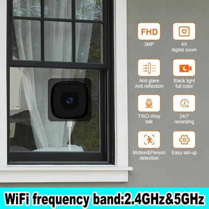 3MP FHD Window Security Camera with AI Motion Detection & Full-Color Night Vision – Dual Band 2.4G/5GHz WiFi, Wide Angle, App Control, 1/2/4 Pack for Home Office Surveillance