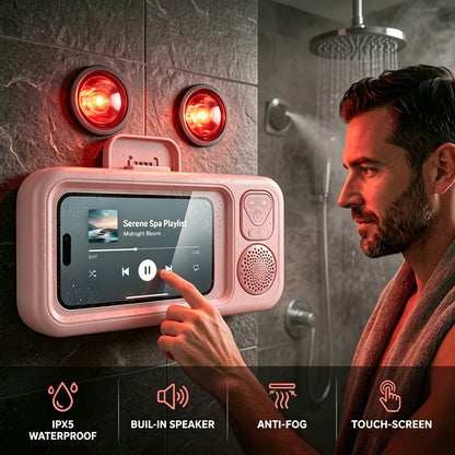Shower Phone Holder with Bluetooth Speaker Built-In, 360-Degree Rotation Waterproof Mount, Universal Fit for All Phones, Hands-Free Music & Calls, Suction Cup Adheres to Any Surface – Bathroom Shower Caddy Accessory