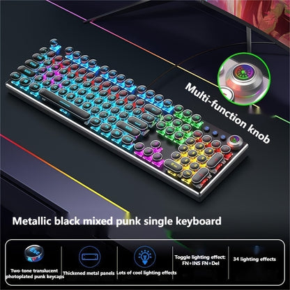 Cyberpunk Retro Typewriter Mechanical Keyboard 104 Keys Full-Size with Multi-Function Knob Backlit Round Keys Ergonomic Spill-Proof USB Wired for Desktop Laptop Windows Mac Gaming Typing