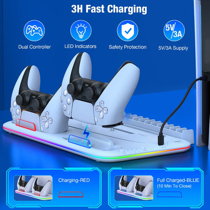 15-Game Storage PS5 Slim Stand with RGB Cooling Fan & Dual Controller Charging Station – Compatible with PS5 Slim Disc & Digital Edition, PlayStation 5 Accessories with RGB Light