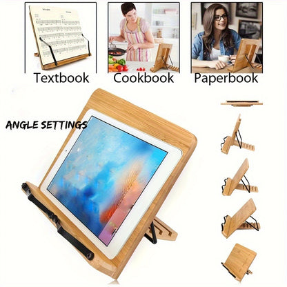 Bamboo Book Stand Adjustable Foldable Portable Reading Stand with Page Clips for Cookbook Tablet E-Reader Textbook Sheet Music Desk Holder Lightweight Sturdy 11x7.9in
