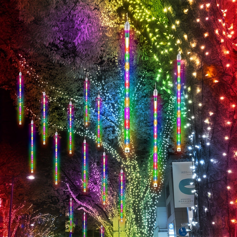 Solar Meteor Shower String Lights 192 LED Flower Theme - Outdoor Hanging Tree Lights Touch Control Warm Multi Color Blue for Garden Courtyard Christmas Halloween 4th of July Wedding Decoration