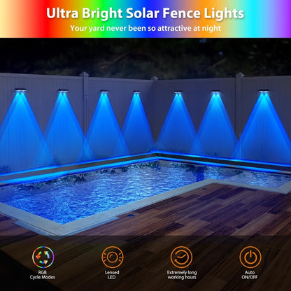 Solar Fence Wall Lights Multicolor LED 9 Modes - Smart Dusk to Dawn Sensor Auto On Off Convex Lens Waterproof for Garden Yard Patio Deck Porch Holiday Christmas Halloween Decoration 4 or 8 Pack