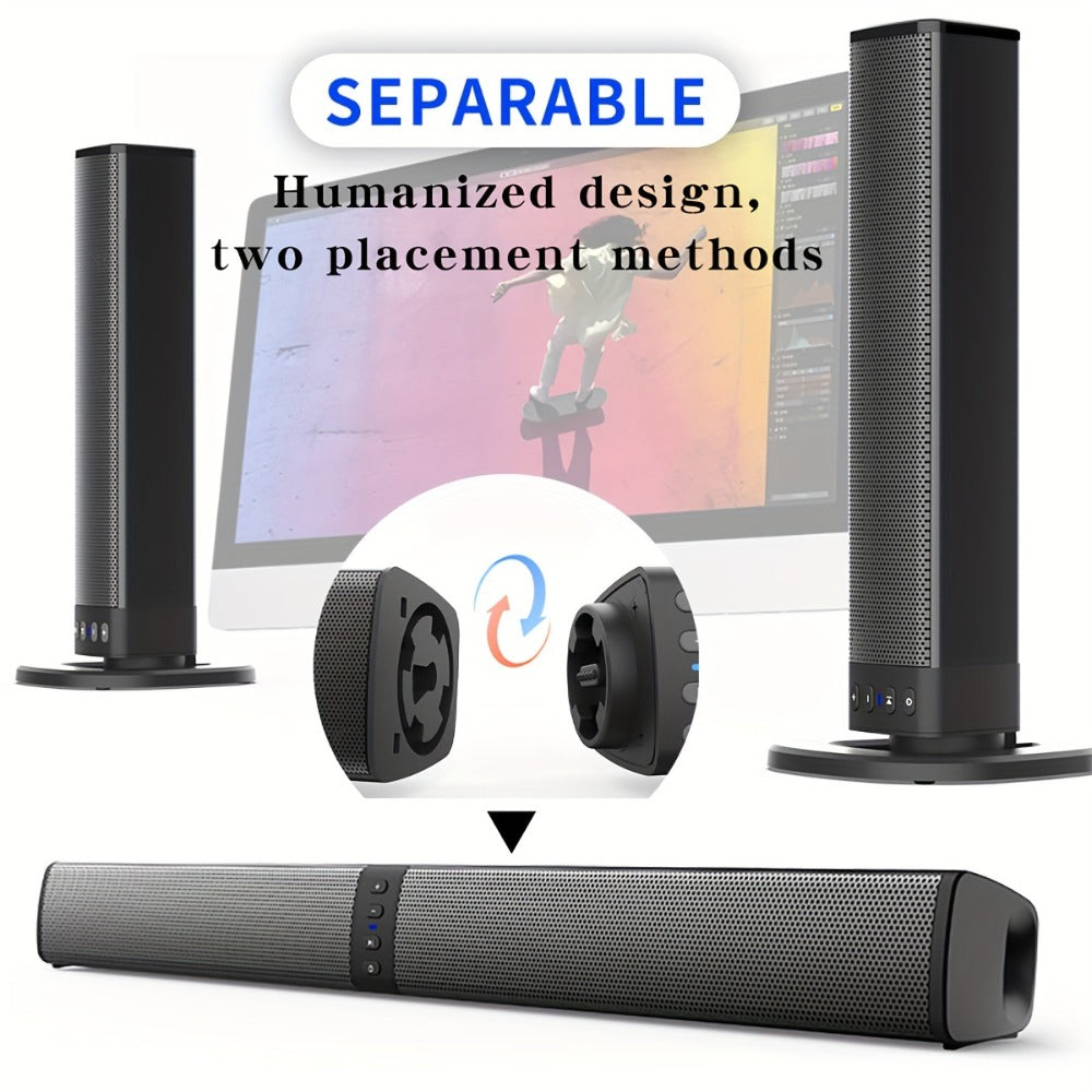 Sound Bar with 4 Subwoofers 20W Hi-Fi Wireless Surround Sound System Bluetooth 5.0 TWS Wall Mountable EQ Modes AUX USB TF FM for TV Computer Gaming Home Theater