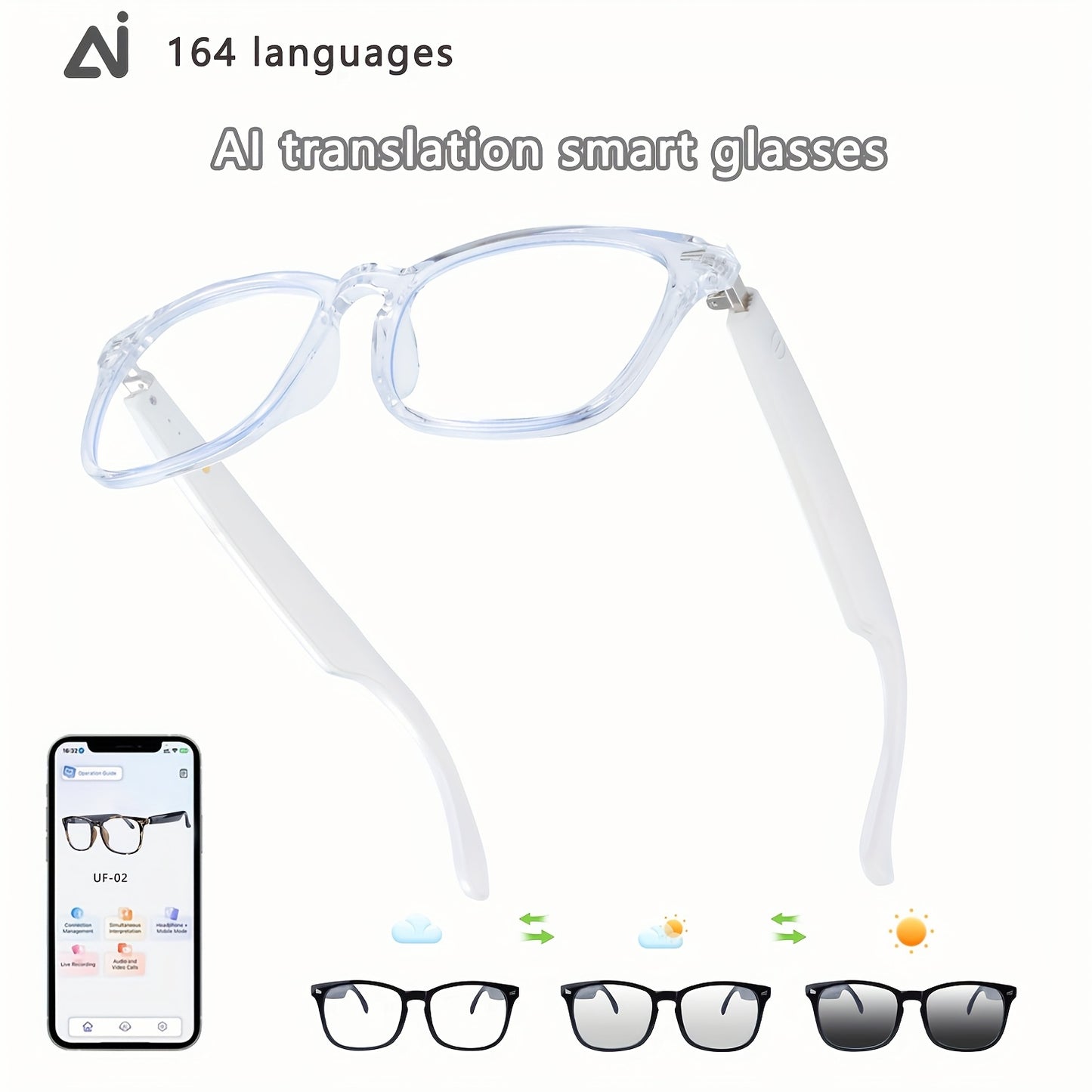 ChatGPT AI Translation Glasses with 160-Language Real-Time Translation, Photochromic Lenses, HiFi Audio & HD Calls – 19 Frame Styles, Unisex Smart Eyewear for Travel & Business