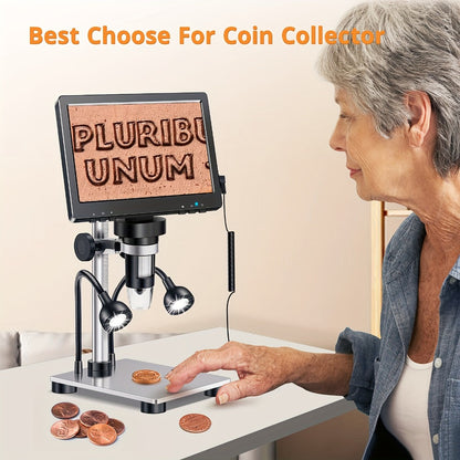 7 Inch LCD Digital Microscope 1200X Magnification, DM9 Coin Microscope 12MP Camera, 8 LED Lights, 32GB Card, Windows Compatible, USB Wired, for Coin Collecting, Jewelry, PCB, Science Education