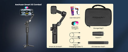 3-Axis Gimbal Stabilizer for Smartphone iPhone Samsung Android Ultra Lightweight Foldable Portable Vlogging Video Creator Gimbal AOCHUAN Smart XE Combo