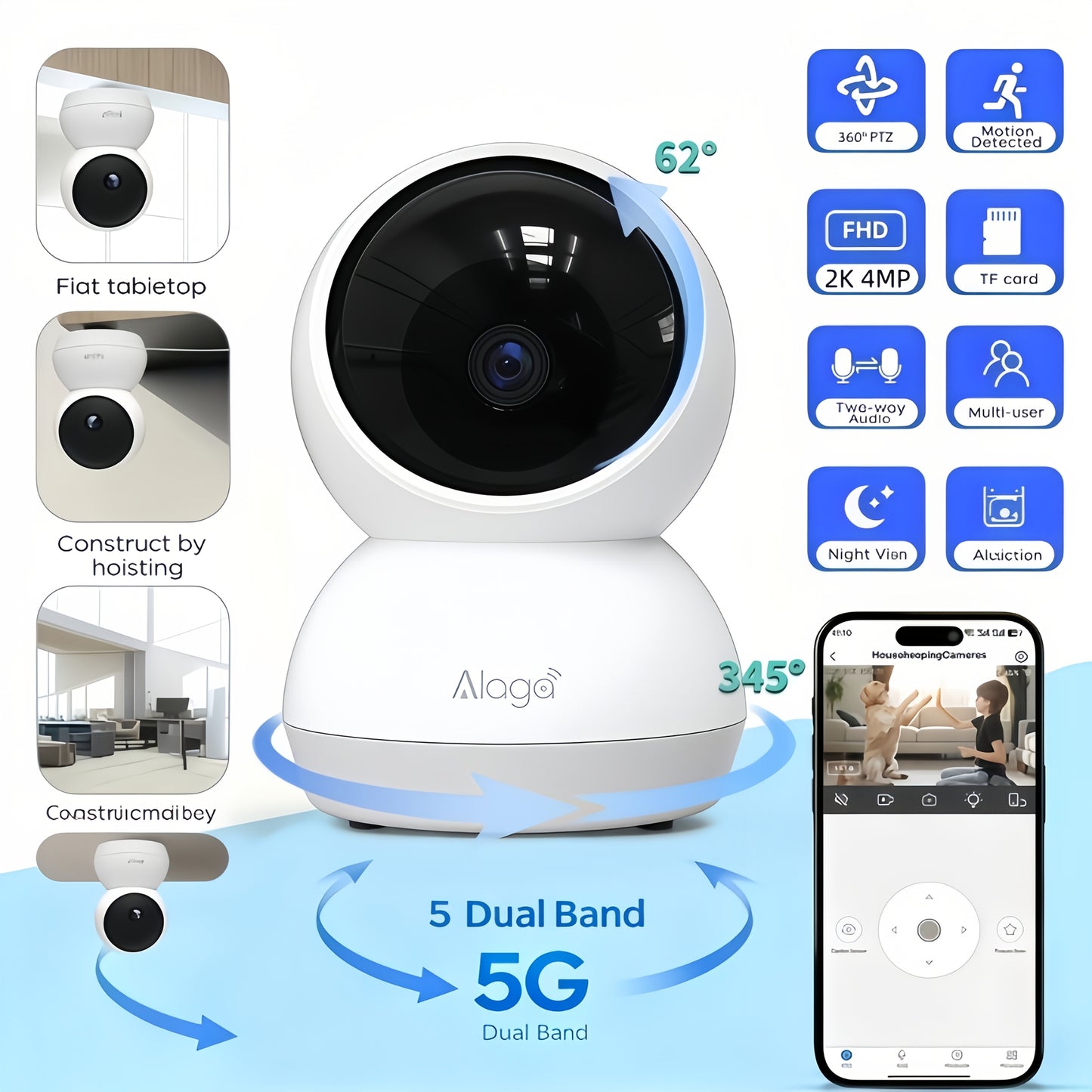 2K 4MP Indoor Security Camera 360° Full View, Dual Band 5G/2.4G WiFi, AI Motion Detection, Night Vision, Two-Way Audio, App Monitoring – Home & Office Surveillance