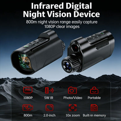 Night Vision Monocular 1080P HD 5W IR 2600FT Range 10X Digital Zoom 2-Inch Screen Handheld Night Vision Scope for Hunting Camping Wildlife Observation Home Security Gift for Men