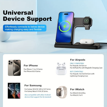 Vertical Horizontal Wireless Charging Station 3-in-1 Foldable 15W LED Indicator – Fast Charger for iPhone 17/16/15/14/13/12, Apple Watch Ultra 2/Series 10/9/8/7 & AirPods Pro 4/3/2 | Portrait Landscape Stand | Black & White