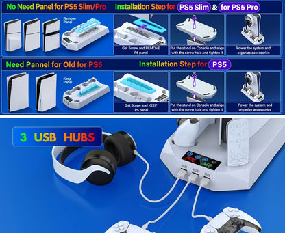 PS5 Cooling Charging Station 5-in-1 with Turbo Fan, Dual Controller Charger, 3-Port USB Hub & Headset Holder – Compatible with PlayStation 5 Slim Pro Standard Disc Digital Edition, 19-Inch USB Cable, Christmas Gift