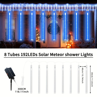 Solar Meteor Shower String Lights 192 LED Flower Theme - Outdoor Hanging Tree Lights Touch Control Warm Multi Color Blue for Garden Courtyard Christmas Halloween 4th of July Wedding Decoration