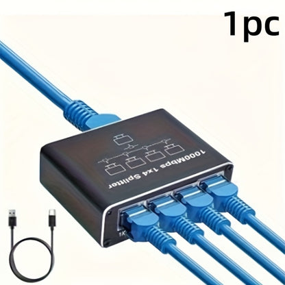 4-Port Ethernet Splitter USB Powered - 1 to 4 RJ45 Network Hub Adapter, Connect 4 Devices Simultaneously, Plug and Play LAN Port Expander for Home Office Gaming Smart TV NAS IP Camera