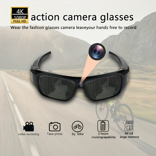 4K Camera Glasses UHD Sports Action Cam - 2-Hour Recording, Body Camera Wearable, Bike Running Cycling Recorder, Meeting Minutes, 3840x2160P 30fps, Optional 64GB, Models A31 A33 S36