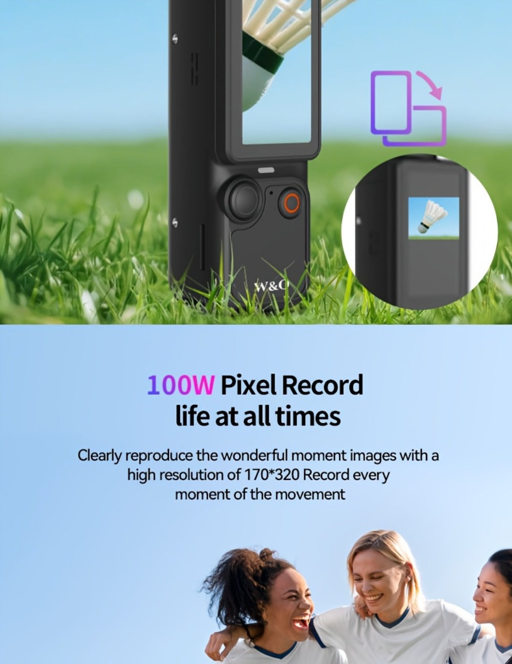 W&O Pocket Camera with Webcam Function | 1.9" Screen, 180° Rotating Shot, 2000mAh Battery, USB-C Charging, 32G Card, Outdoor Sports Cam for Cycling, Travel & Personal Use – Birthday & Christmas Gift