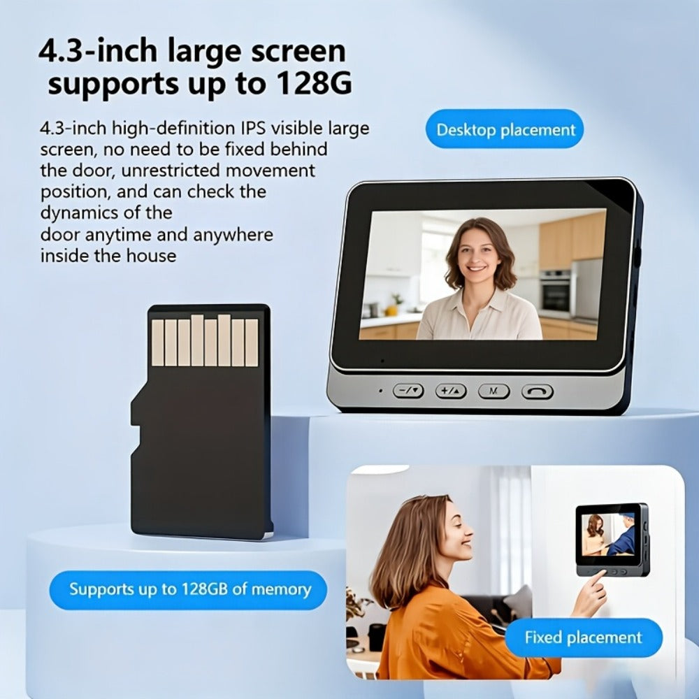 1296P Video Doorbell with 4.3" Indoor Monitor & Local SD Storage - No WiFi No App Required, Two-Way Audio, IR Night Vision, 1200mAh 2-Month Battery, 120° Wide Angle, One-Key Pairing, Black