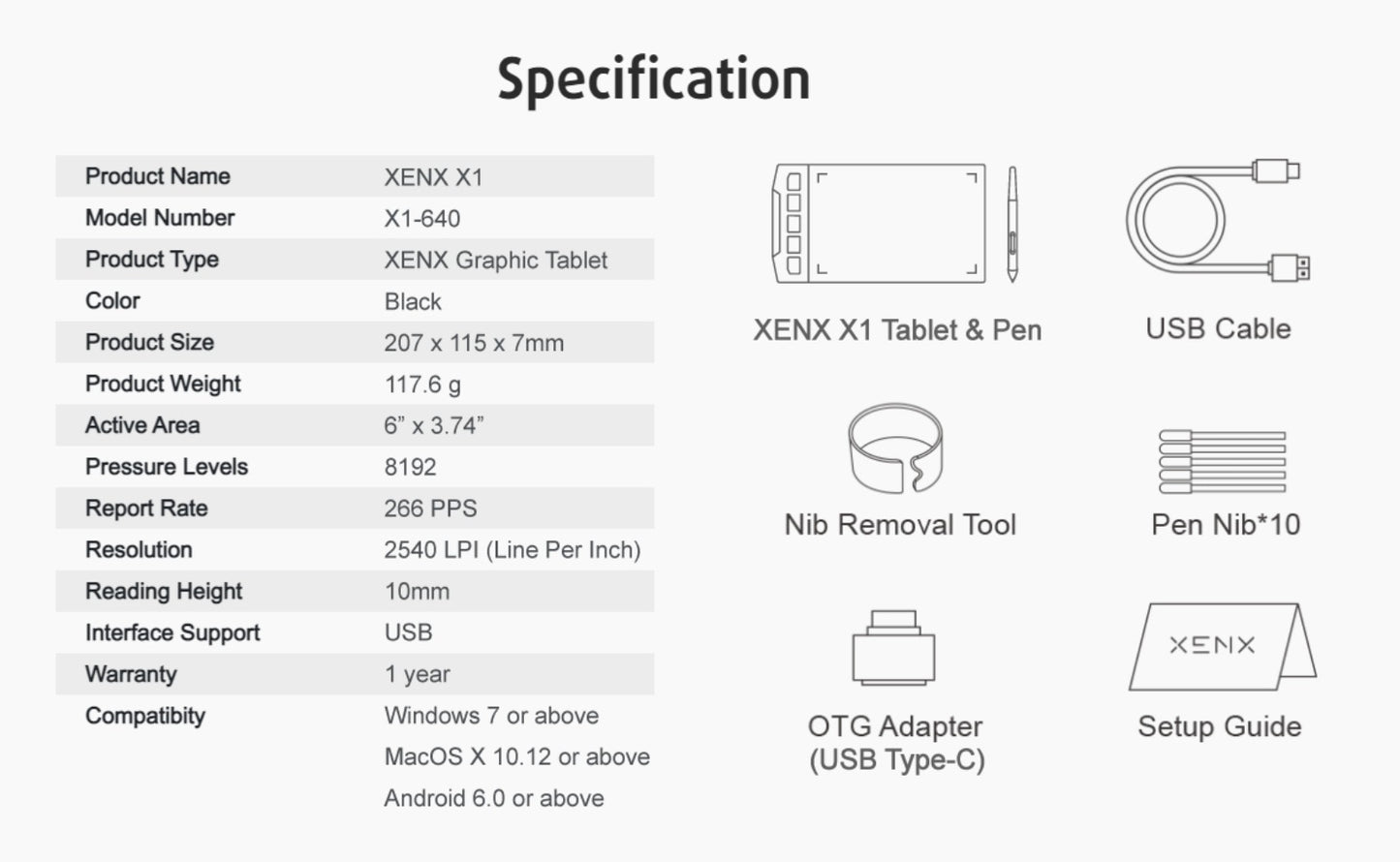 Drawing Tablet XENX 8192 Pressure Levels Battery-Free Stylus 5080 LPI 266 PPS 2 Programmable Buttons Compatible with Android Mobile Windows Mac Portable Pen Tablet for Digital Art Animation Design