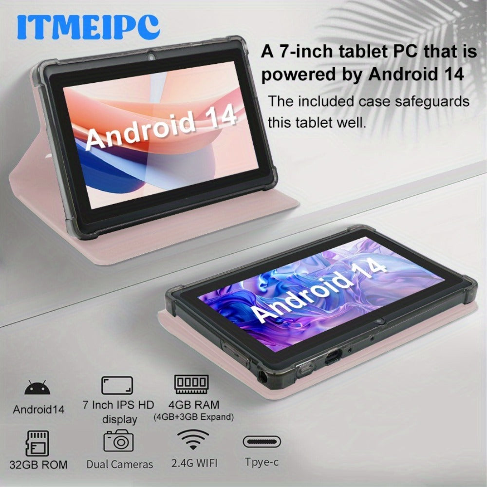 ITMEIPC 7 Inch Android 14 Tablet 4GB RAM 32GB ROM with Protective Case, Overclocked Quad-Core Processor, HD IPS Display, Dual Camera, Memory Card Support, Lightweight Portable Tablet for Work Study Reading Entertainment