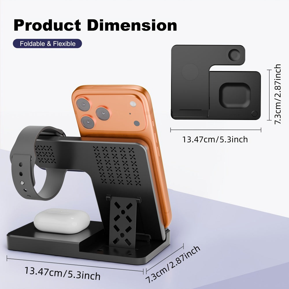 Vertical Horizontal Wireless Charging Station 3-in-1 Foldable 15W LED Indicator – Fast Charger for iPhone 17/16/15/14/13/12, Apple Watch Ultra 2/Series 10/9/8/7 & AirPods Pro 4/3/2 | Portrait Landscape Stand | Black & White